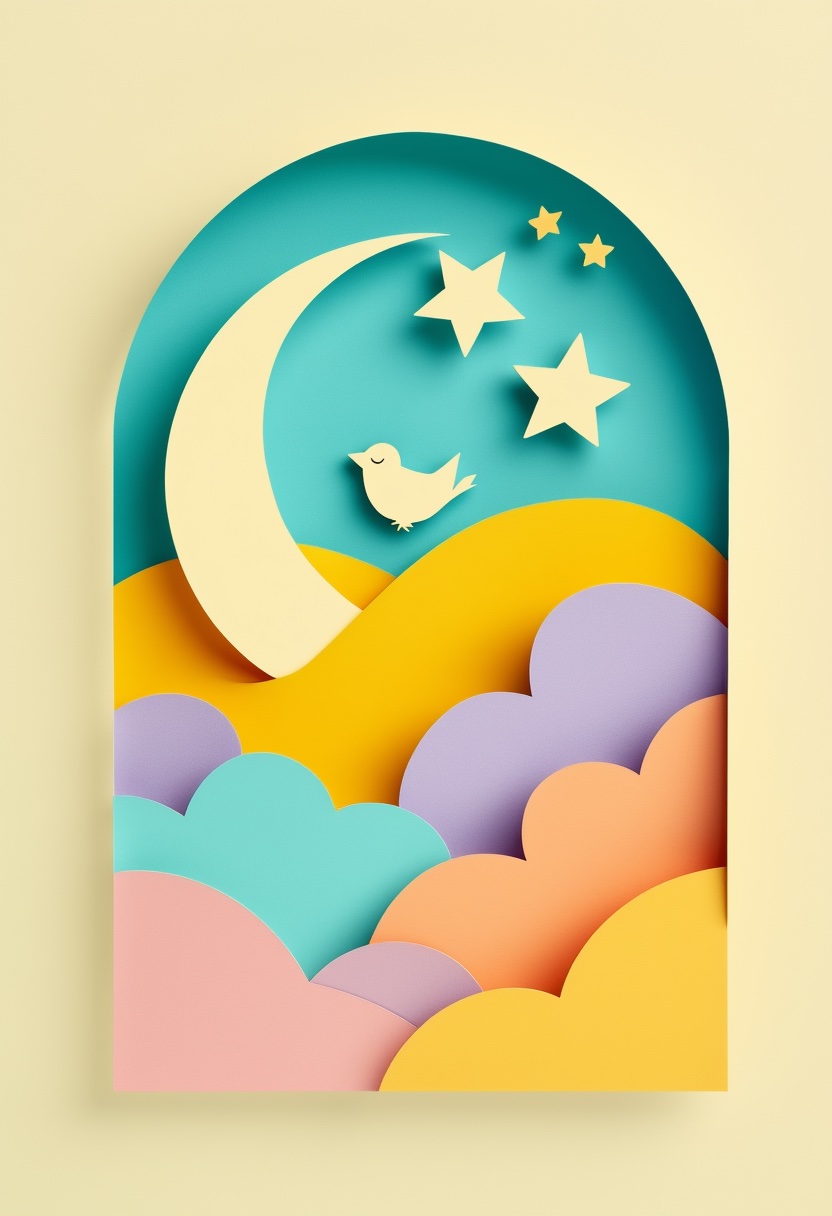 Starry Crescent Moon Bird — New Baby cut-paper-style greeting card