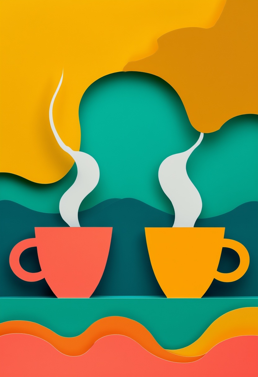 Steaming Mugs in Colorful Layers — Friendship cut-paper-style greeting card