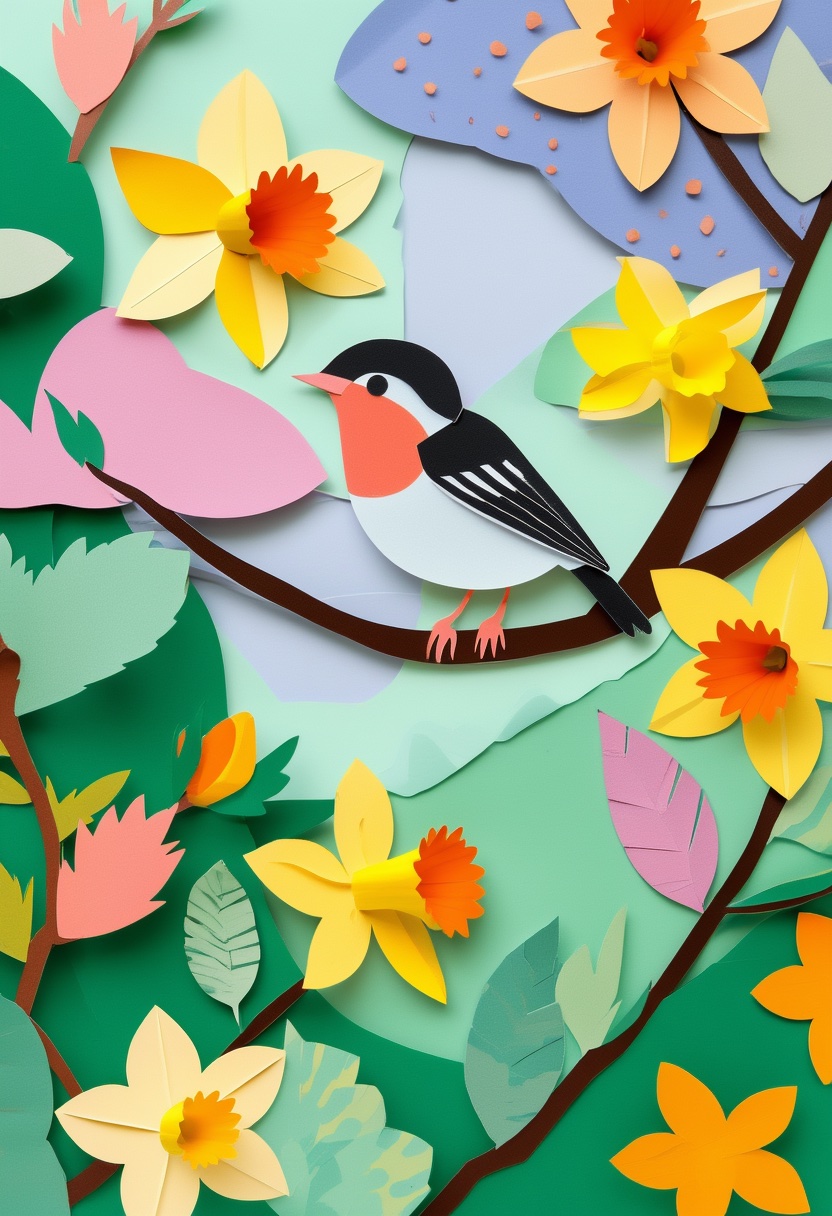 Pájaro estilizado en rama en botón — Spring