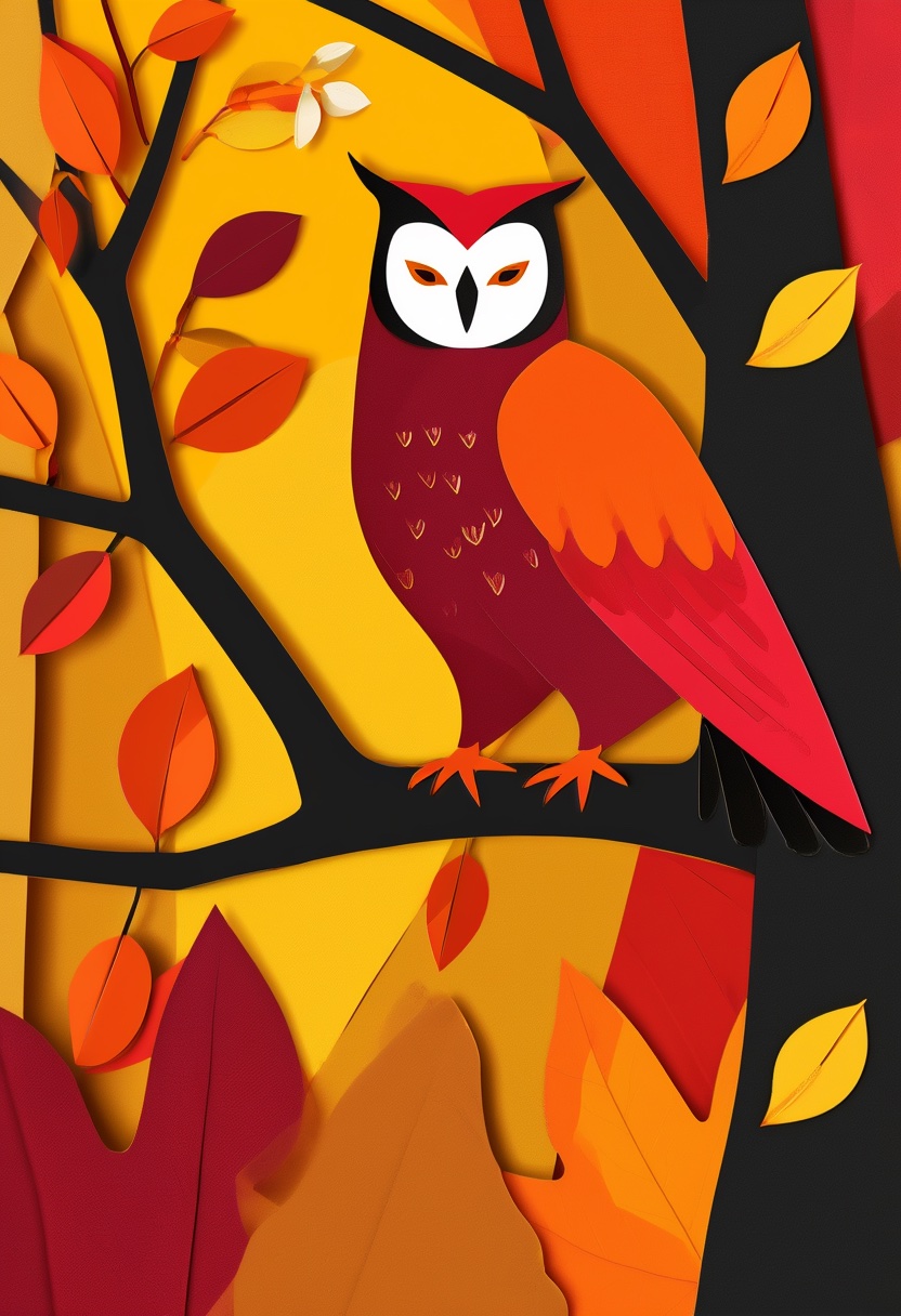 Stylized Owl Autumn Perch — Autumn cut-paper-style greeting card