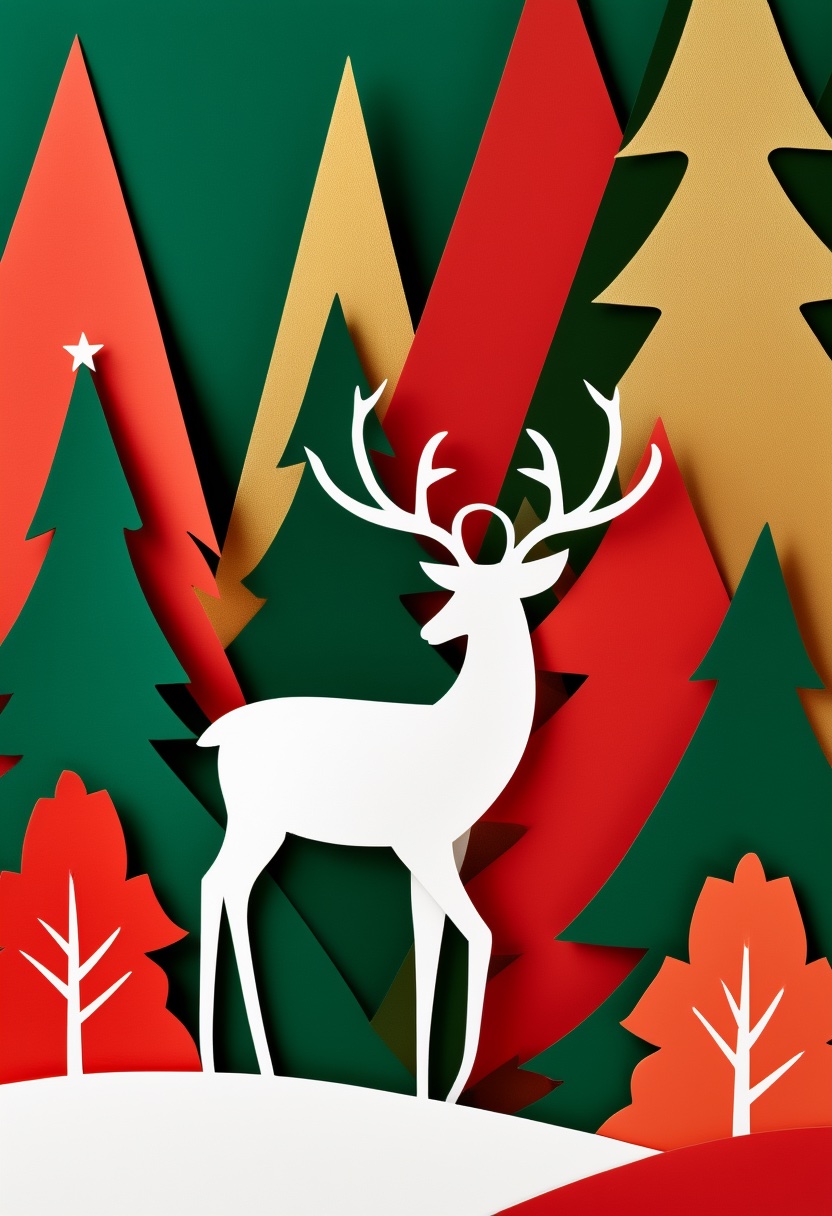 Reno estilizado entre pinos nevados — Christmas