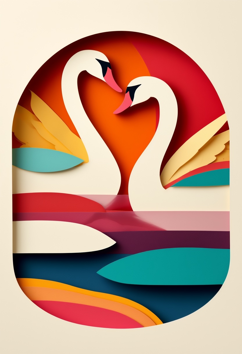 Stylized Swan Embrace — Anniversary cut-paper-style greeting card