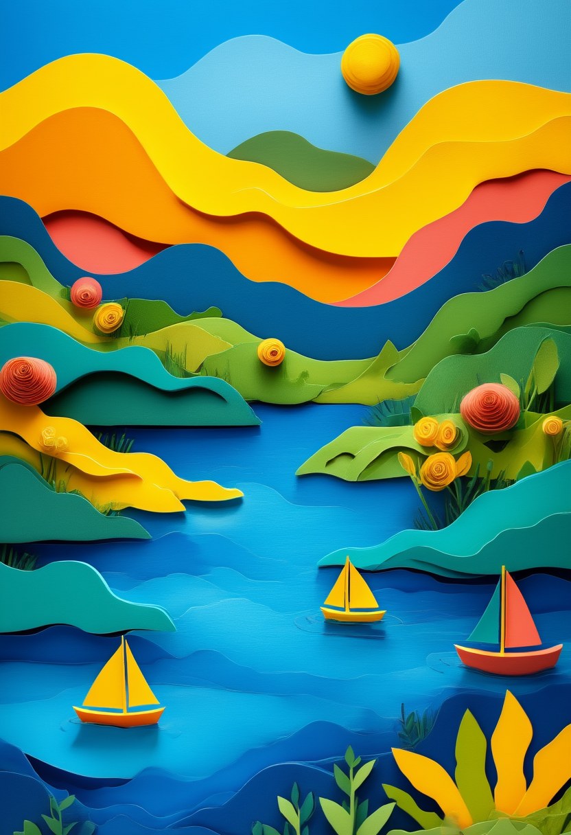 Summer Lakeside Dreamscape — Summer cut-paper-style greeting card