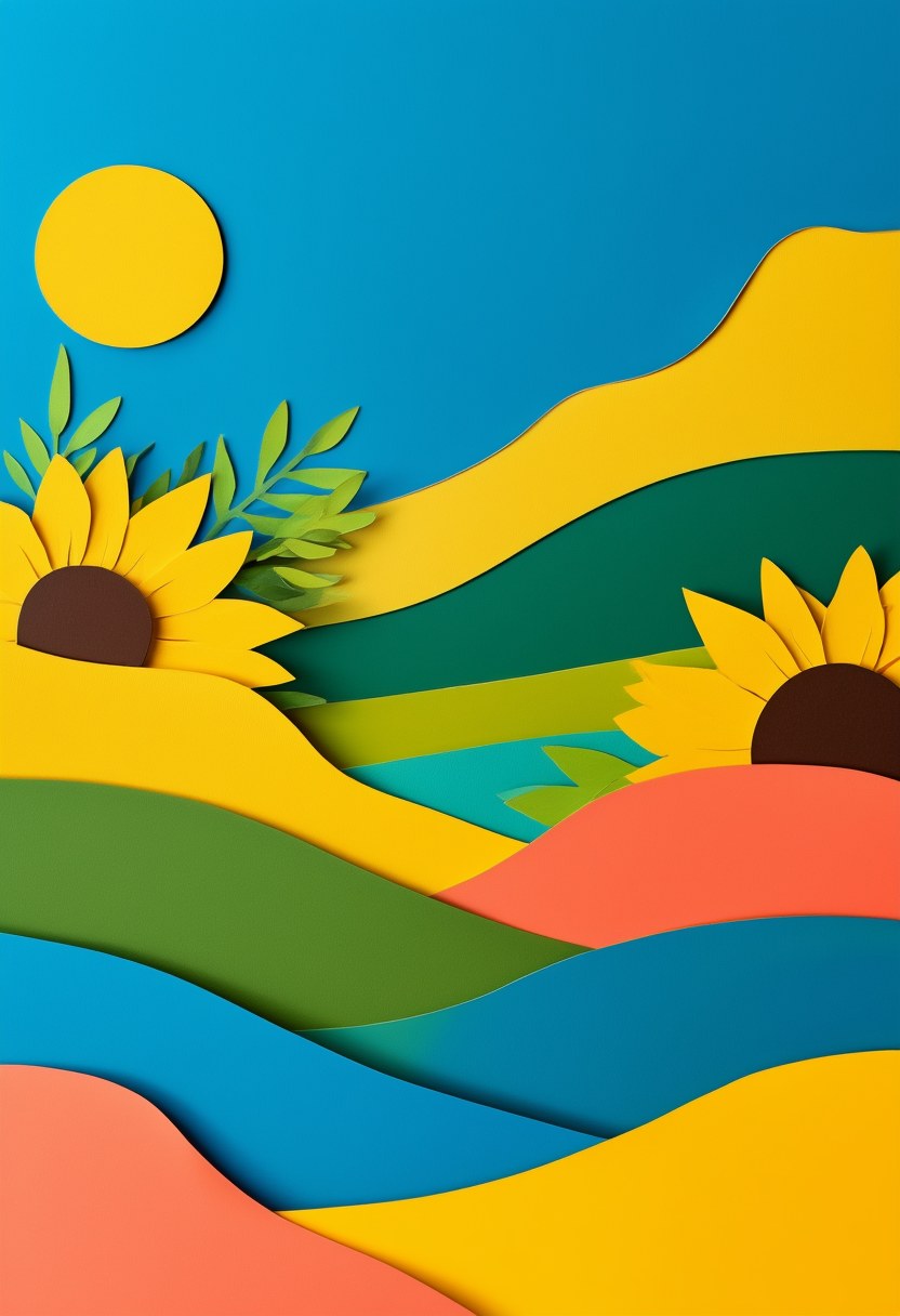 Sunflower Summer Hills — Summer cut-paper-style greeting card