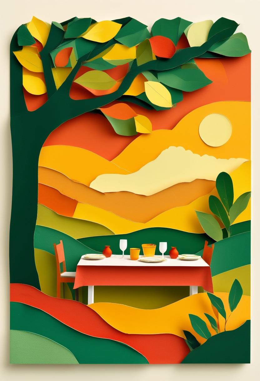 Sunlit Apple Tree Harvest — Reunion cut-paper-style greeting card