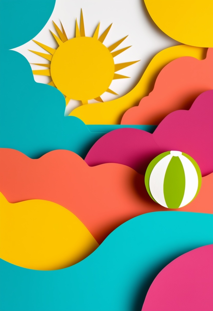 Sunlit Beach Ball Collage — Fun cut-paper-style greeting card