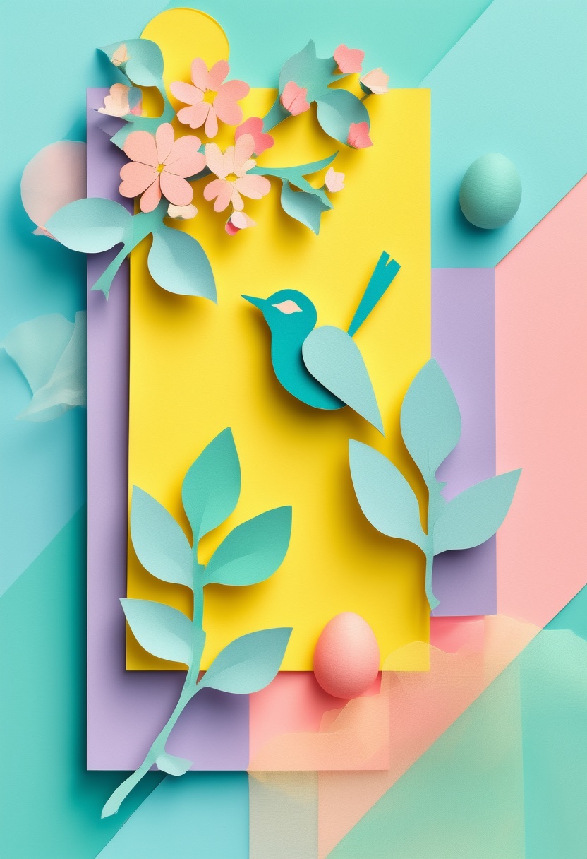 Sunlit Bird and Blossoms — Easter cut-paper-style greeting card