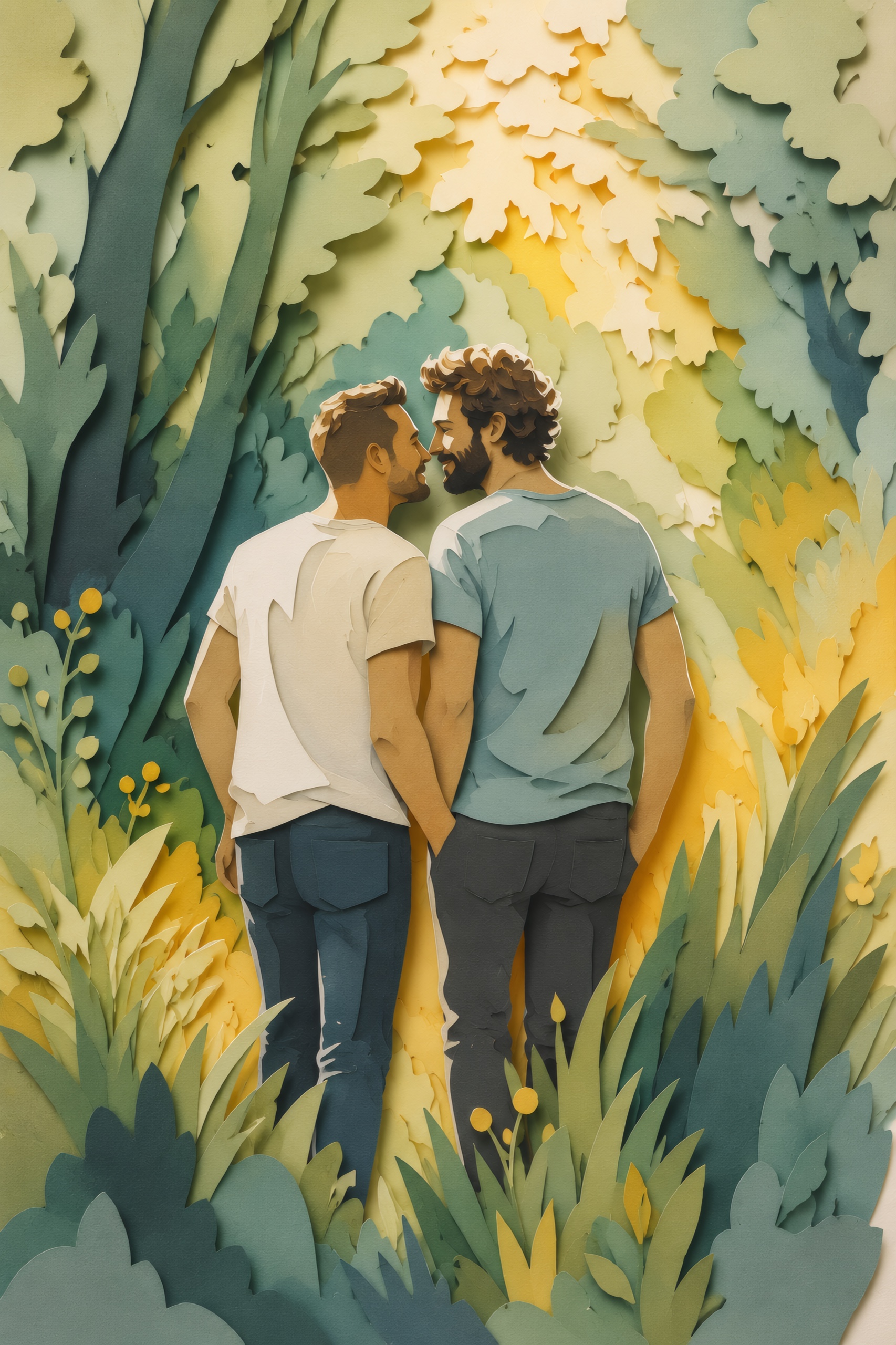 Sunlit Clearing Embrace — Pride cut-paper-style greeting card
