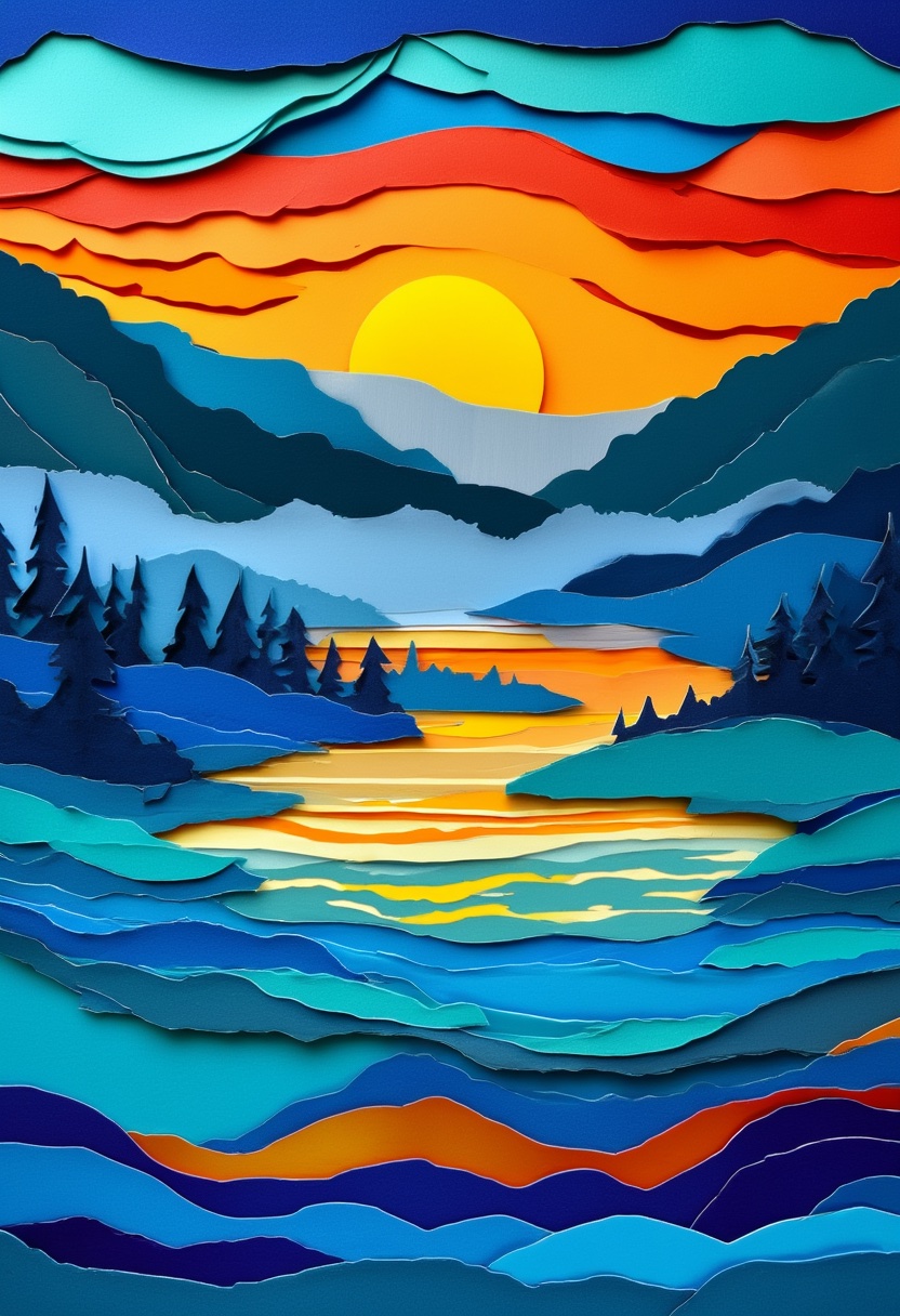 Sunlit Cut-Paper Lake Dawn
