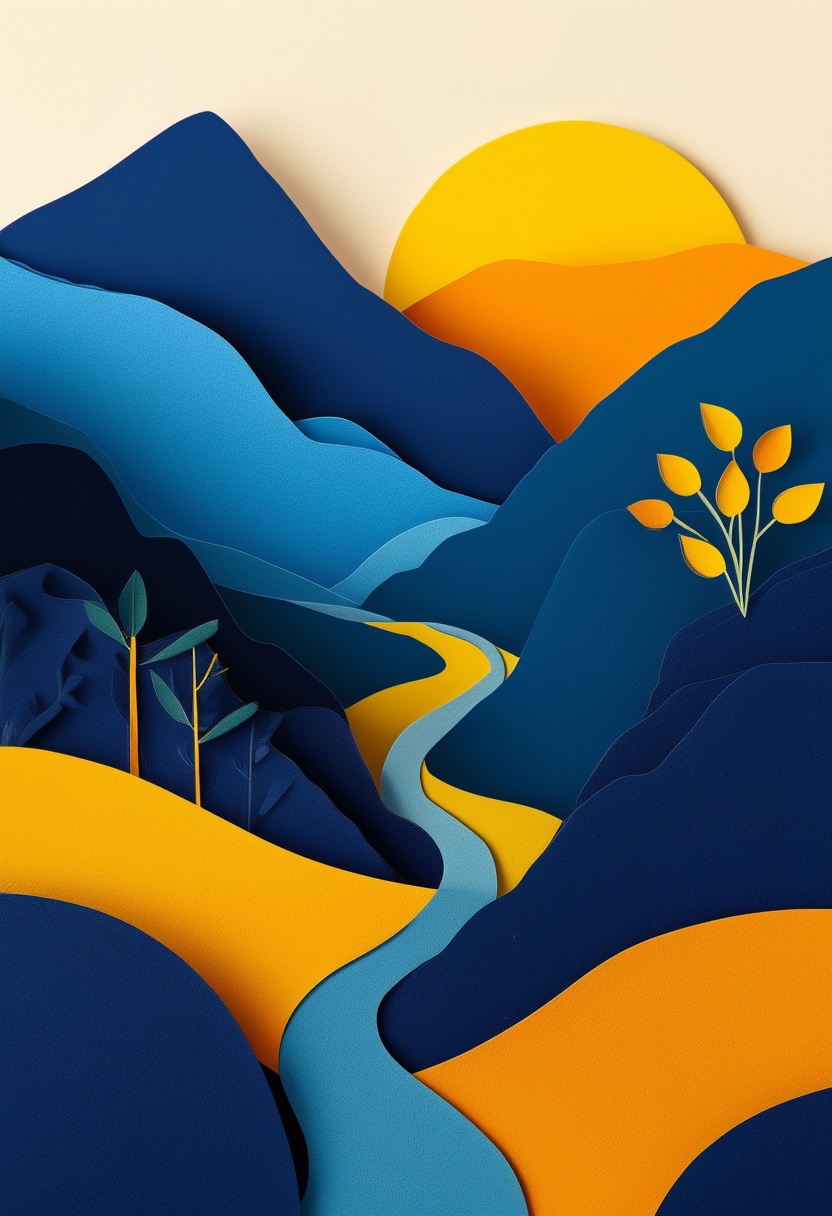 Sunlit Cut-Paper River Valley — Graduation cut-paper-style greeting card