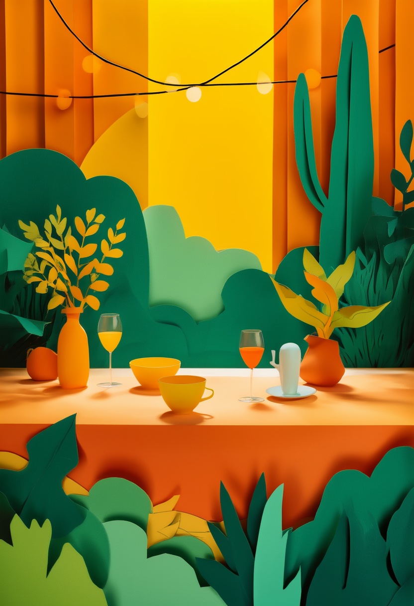 Sunlit Desert Table Arrangement — Reunion cut-paper-style greeting card
