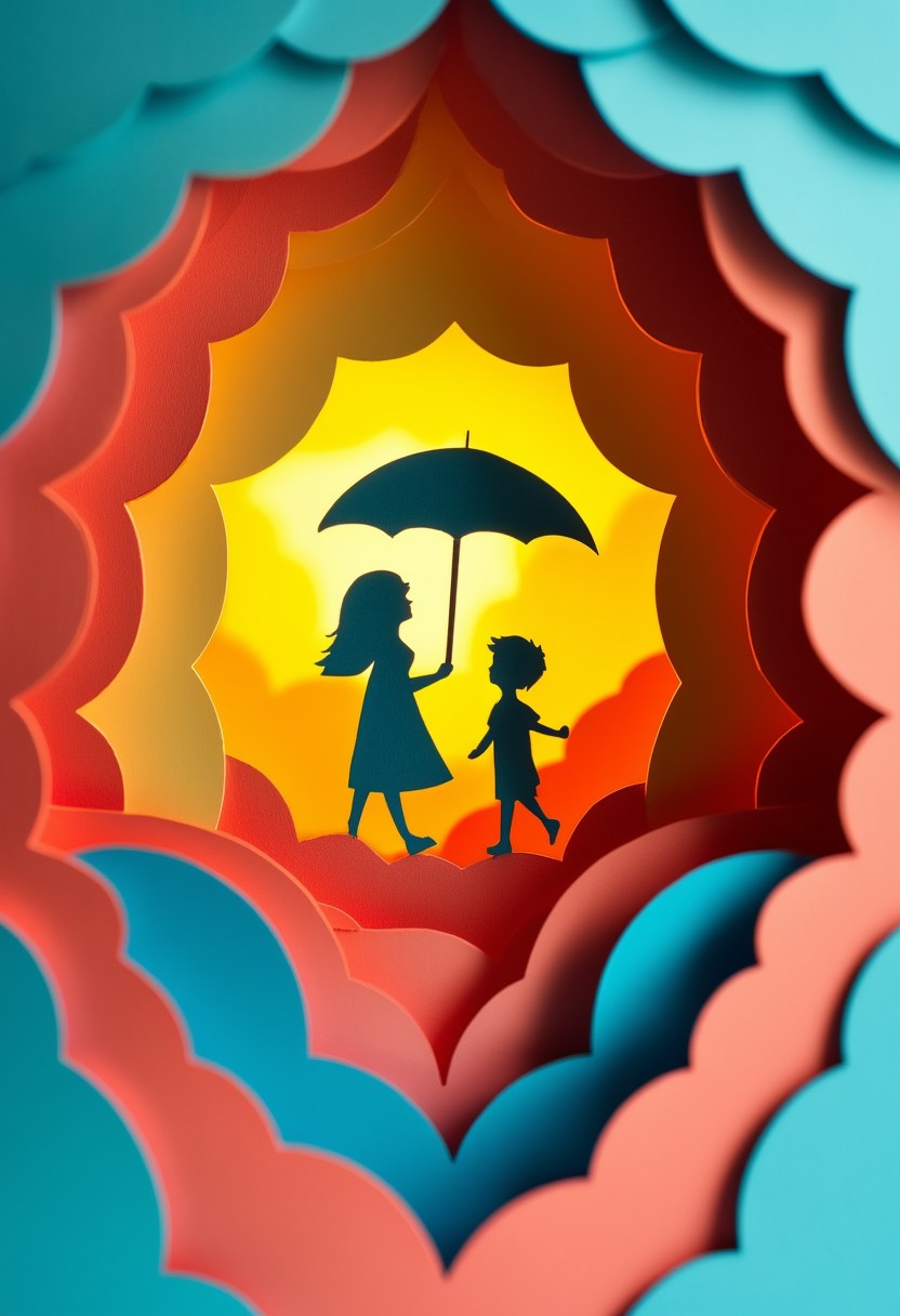 Sunlit Family Silhouette — Mother's Day cut-paper-style greeting card