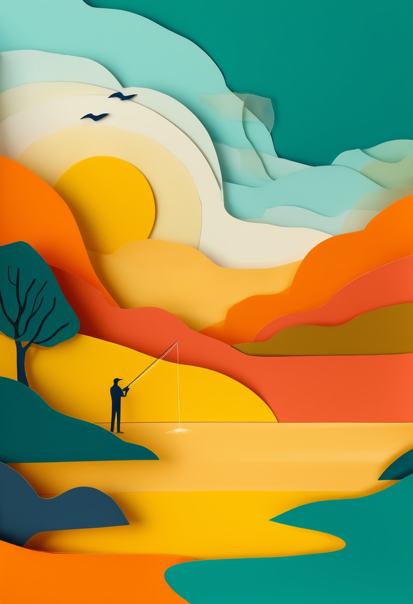 Sunlit Fishing Lake Serenity — Retirement cut-paper-style greeting card