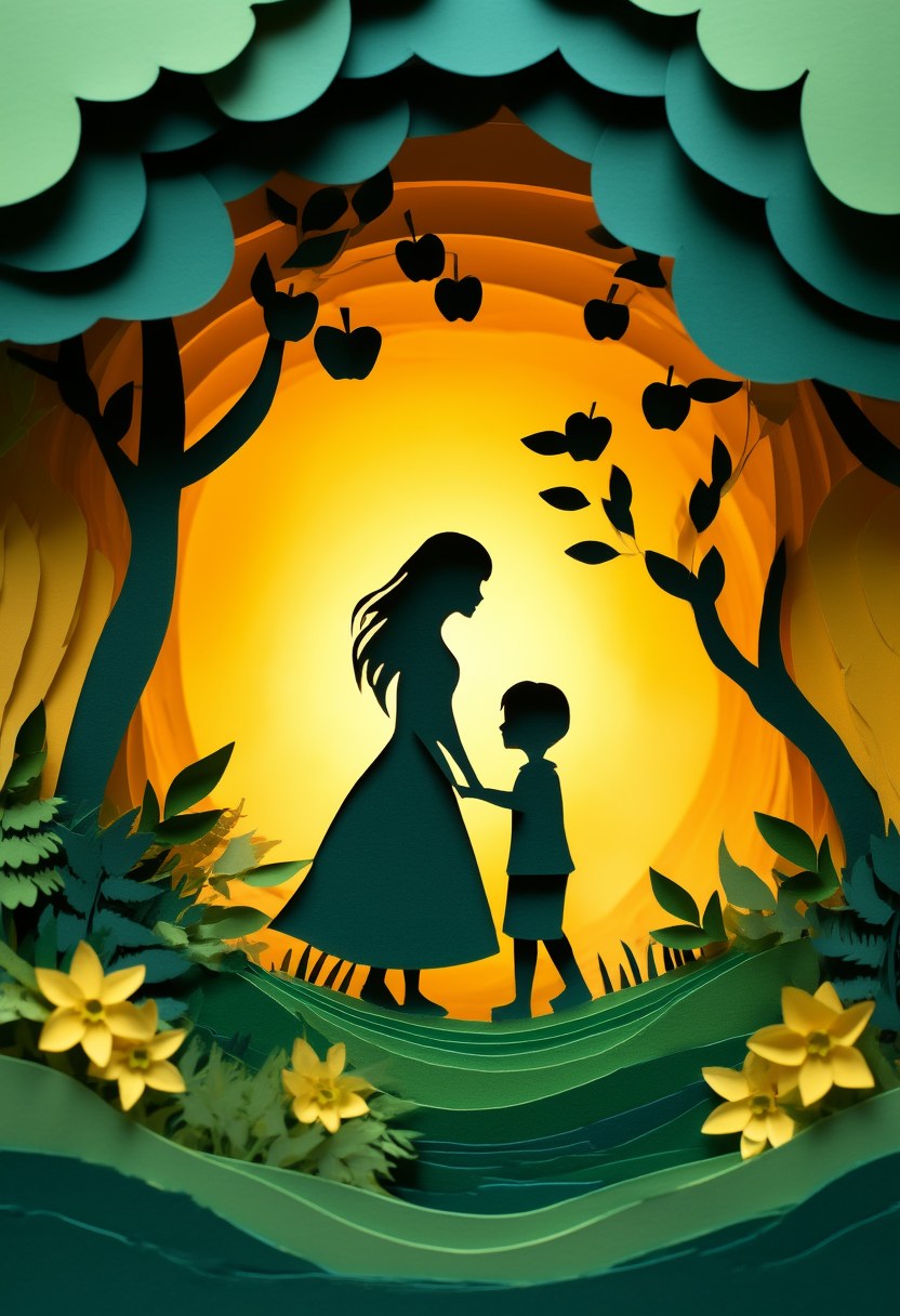 Sunlit Forest Embrace — Mother's Day cut-paper-style greeting card