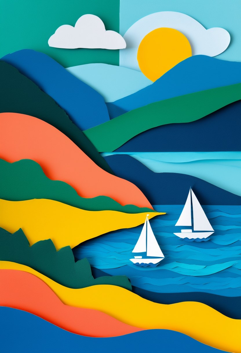 Sunlit Lake Sailboats — Summer cut-paper-style greeting card