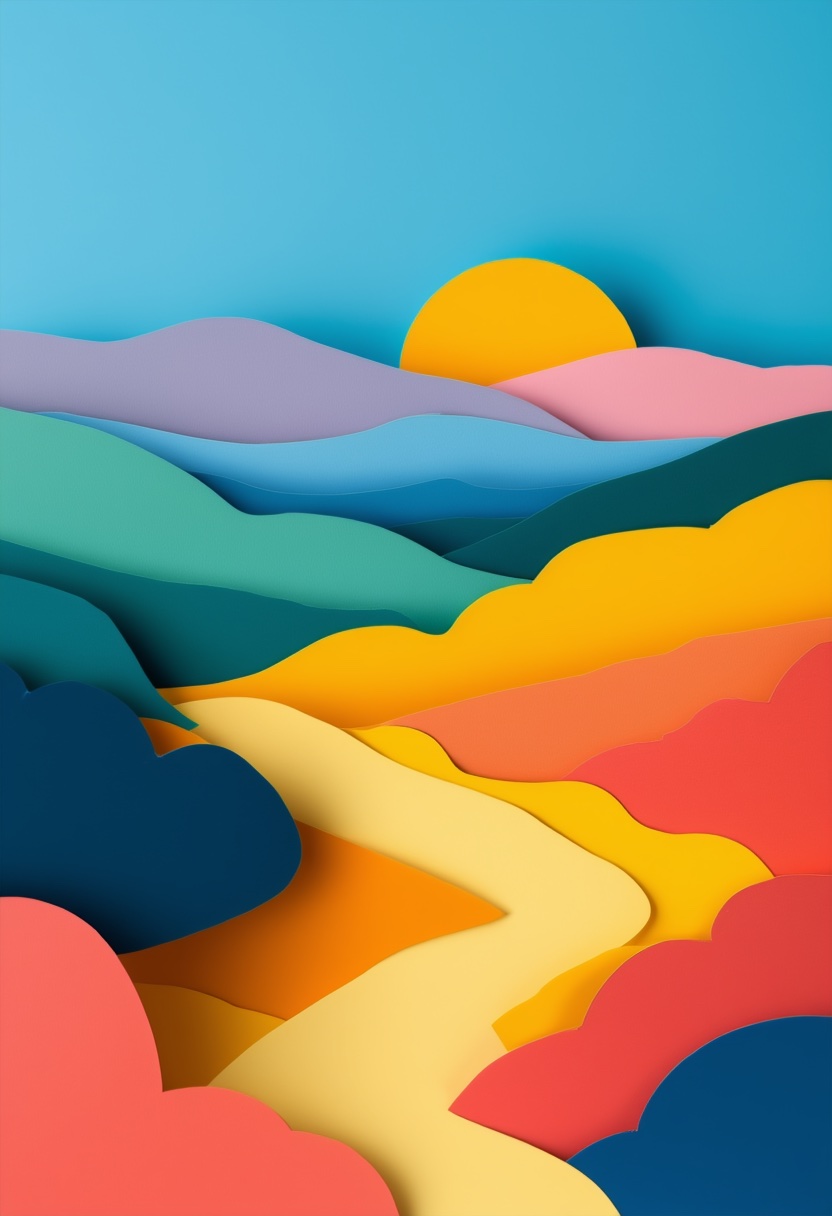 Sunlit Layered Mountain Sunrise — Bon Voyage cut-paper-style greeting card