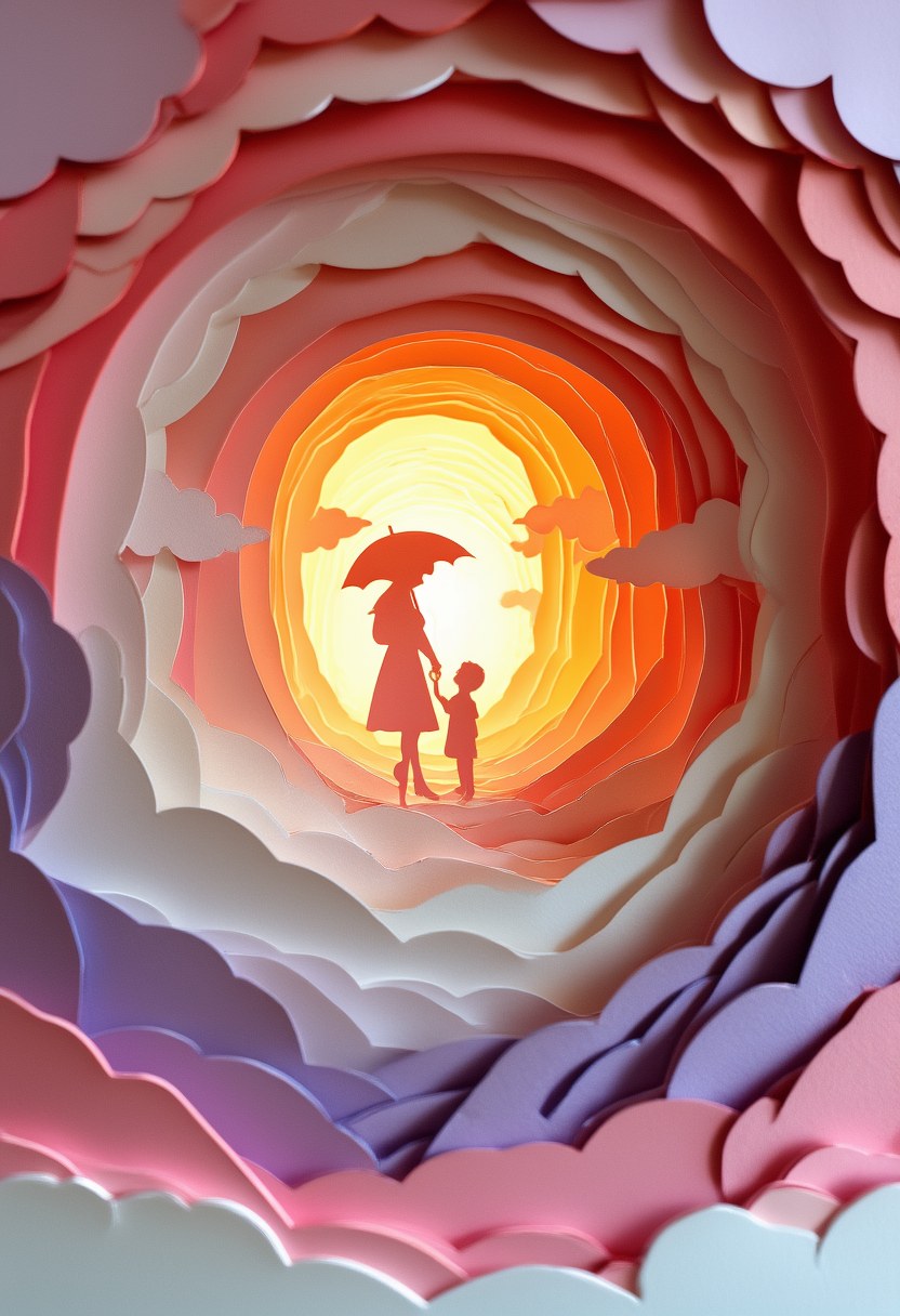 Sunlit Motherly Embrace — Mother's Day cut-paper-style greeting card