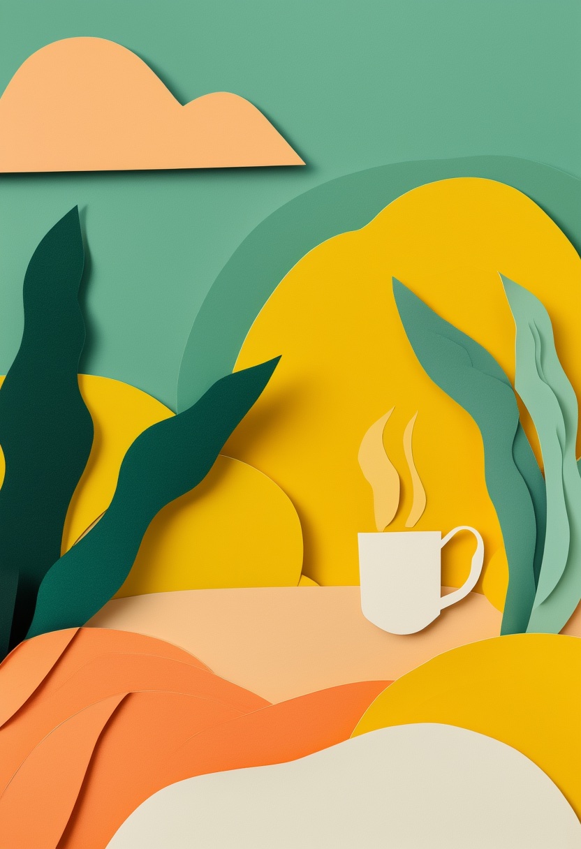 Sunlit Mountain Coffee Embrace — Care & Concern cut-paper-style greeting card