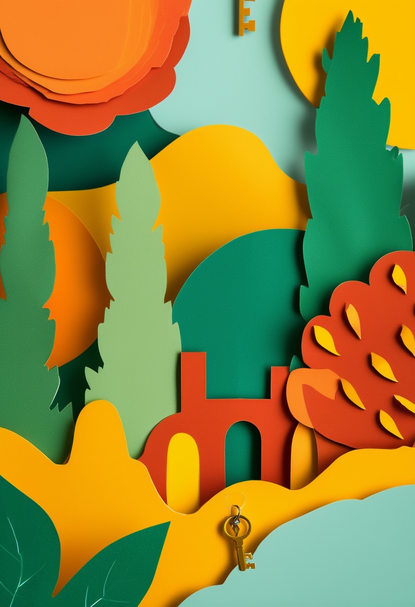 Sunlit Paper Cutout Grove — New Home cut-paper-style greeting card