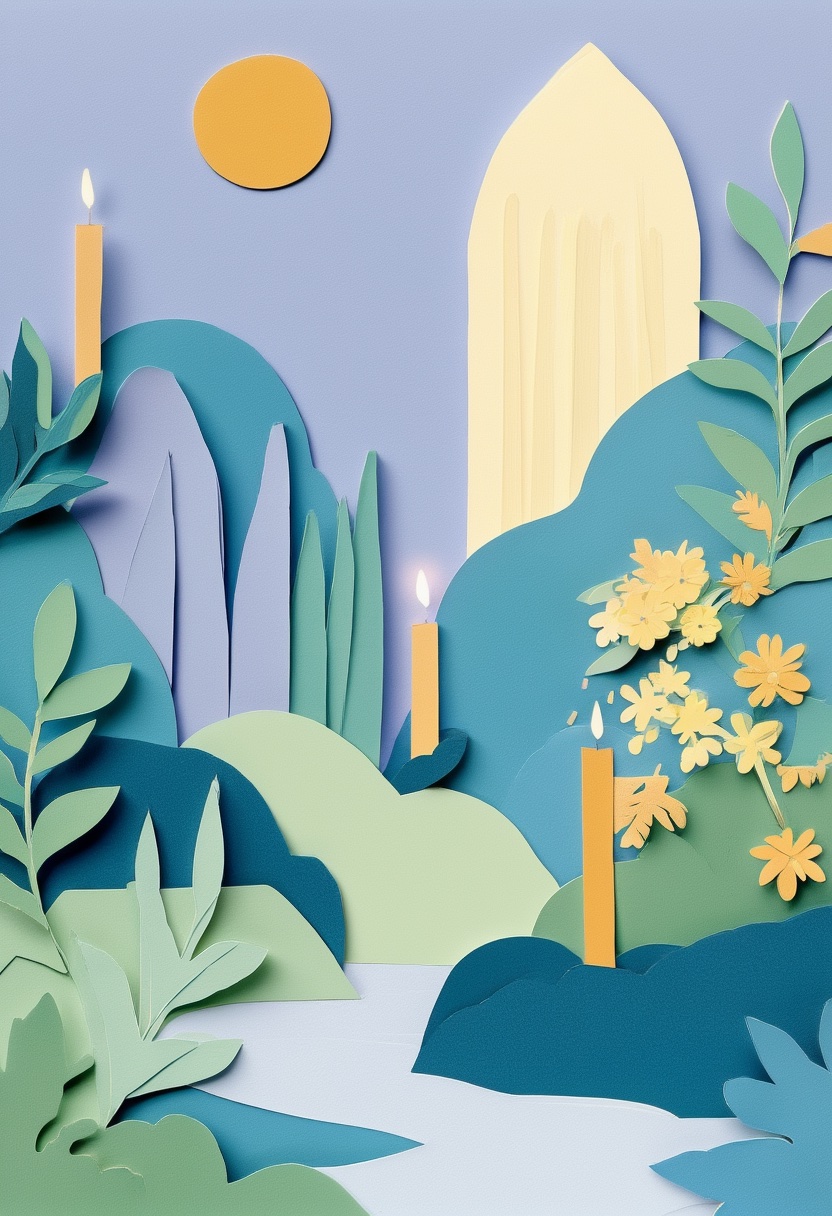 Sunlit Paper Cutout Landscape — Sympathy cut-paper-style greeting card
