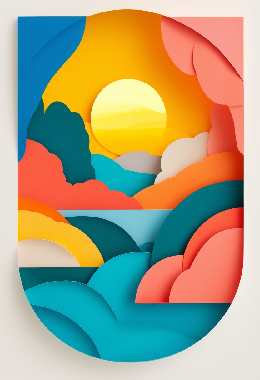 Sunlit Paper Cutout Landscape — Bon Voyage cut-paper-style greeting card
