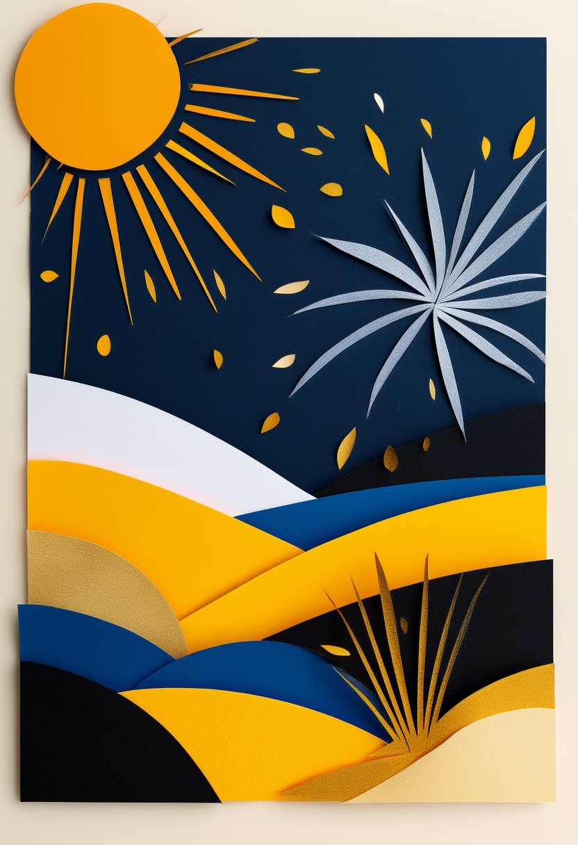 Sunlit Paper Cutout Landscape — New Year's Day cut-paper-style greeting card