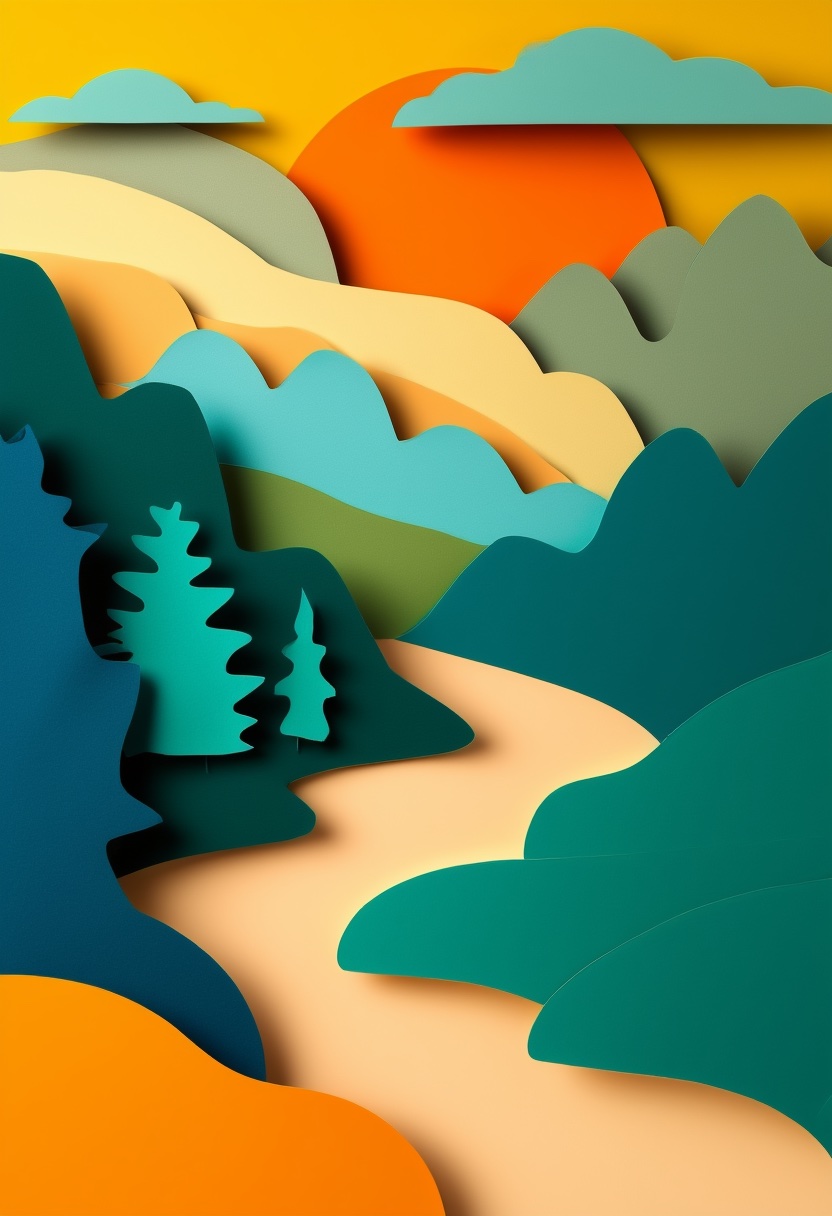 Sunlit Paper Landscape — Retirement cut-paper-style greeting card