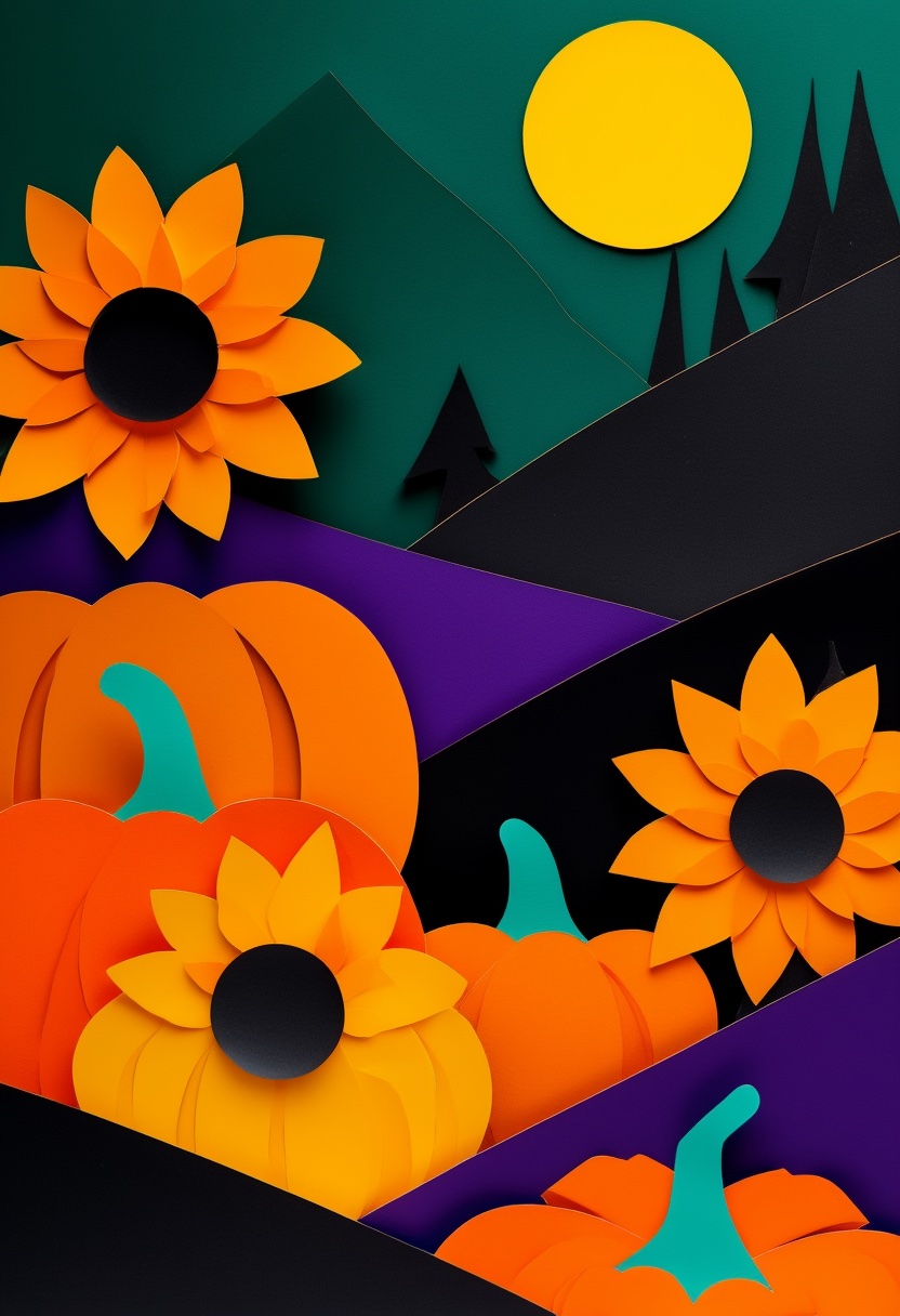 Sunlit Paper Pumpkins and Sunflowers — Halloween cut-paper-style greeting card