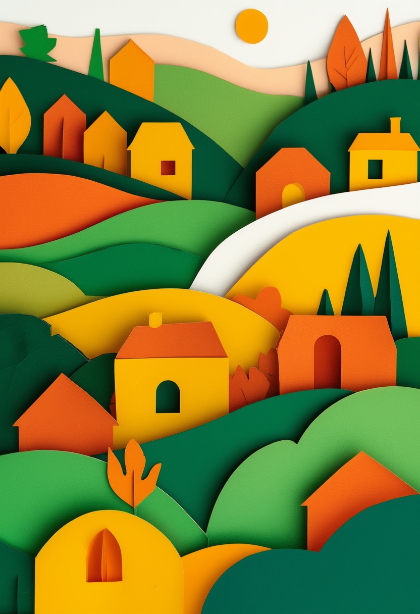 Sunlit Paper Village — Reunion cut-paper-style greeting card