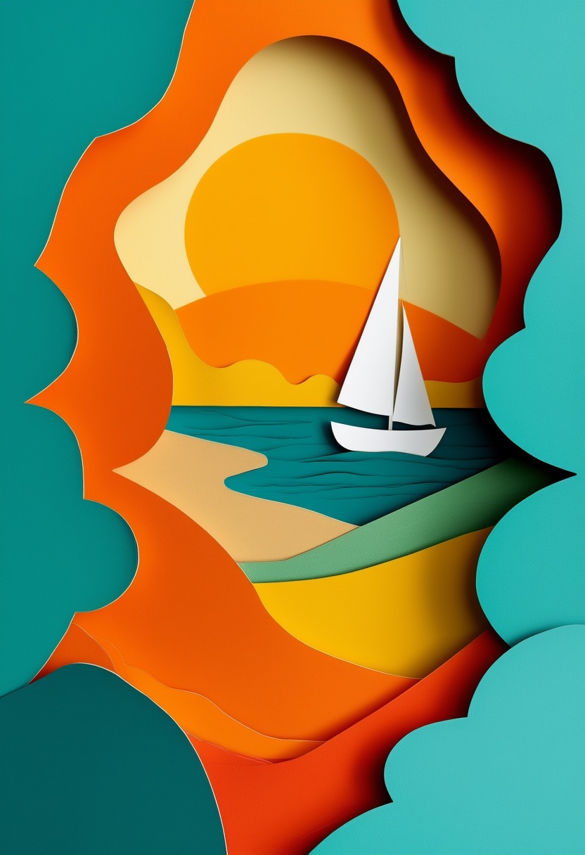 Sunlit Sailboat Sunset — Retirement cut-paper-style greeting card