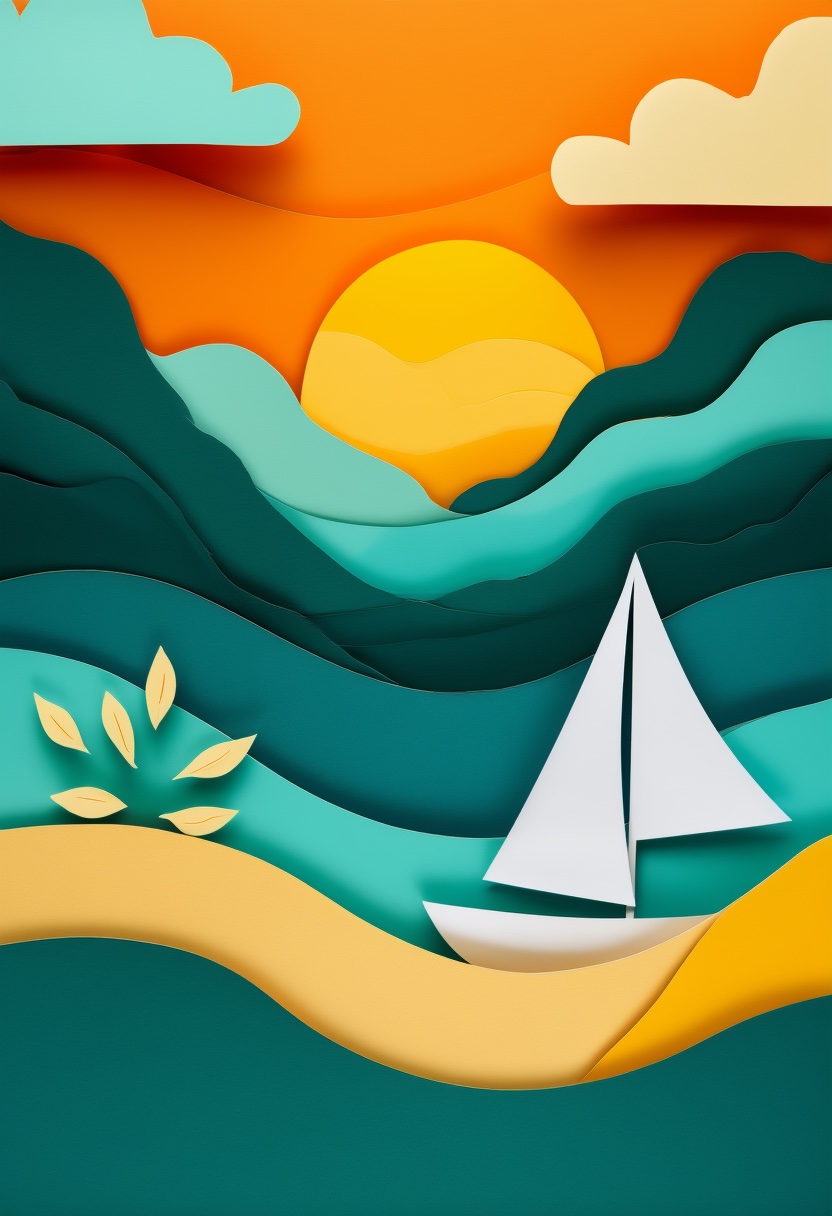 Sunlit Sailboat Sunset — Retirement cut-paper-style greeting card