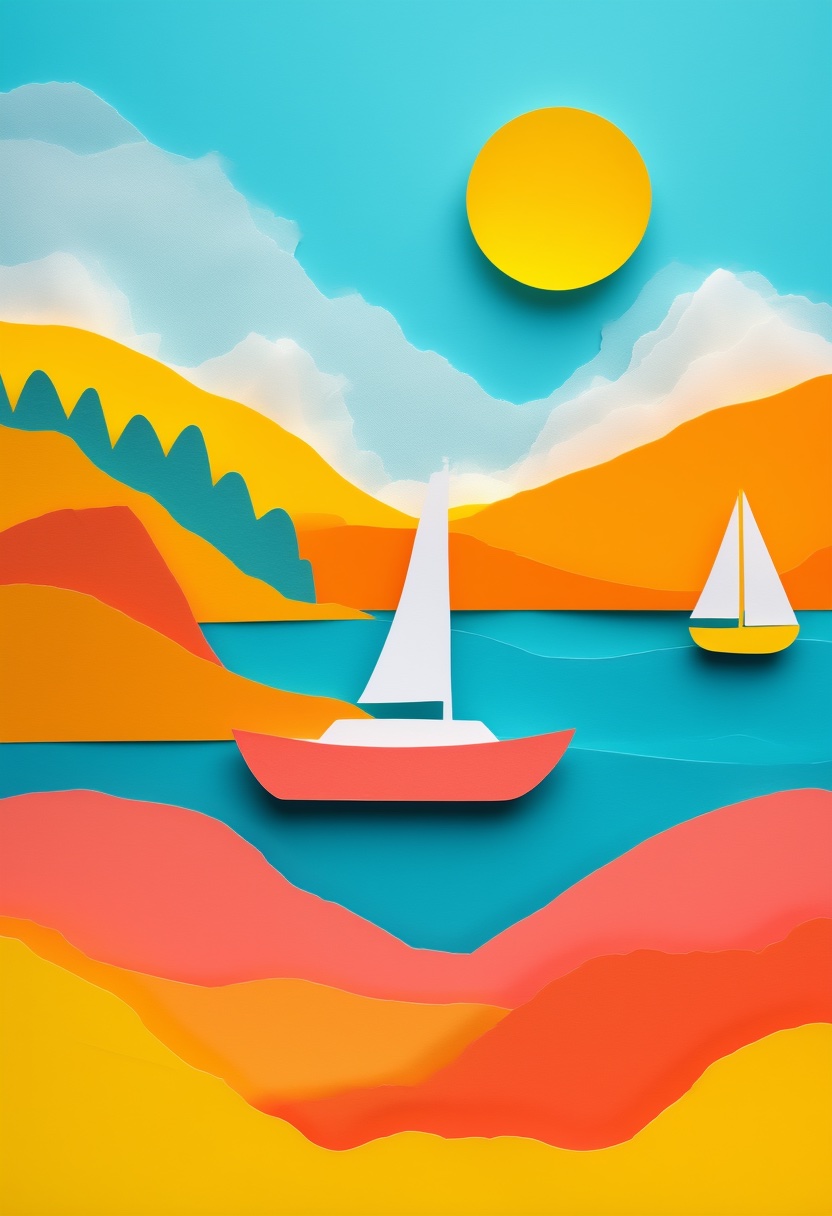 Sunlit Sailboats by Lake — Bon Voyage cut-paper-style greeting card