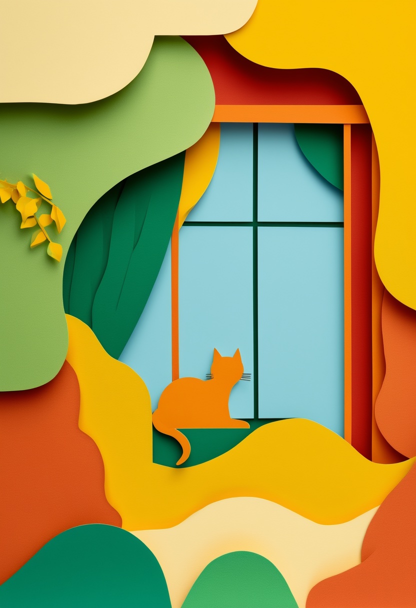Sunlit Window Cat — New Home cut-paper-style greeting card