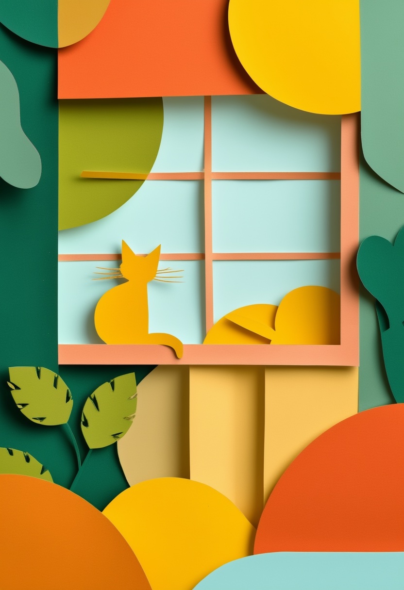 Sunlit Window Cat Silhouette — New Home cut-paper-style greeting card