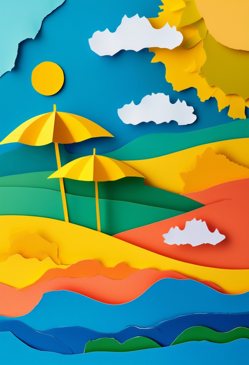 Sunny Beach Umbrella Scene — Summer cut-paper-style greeting card