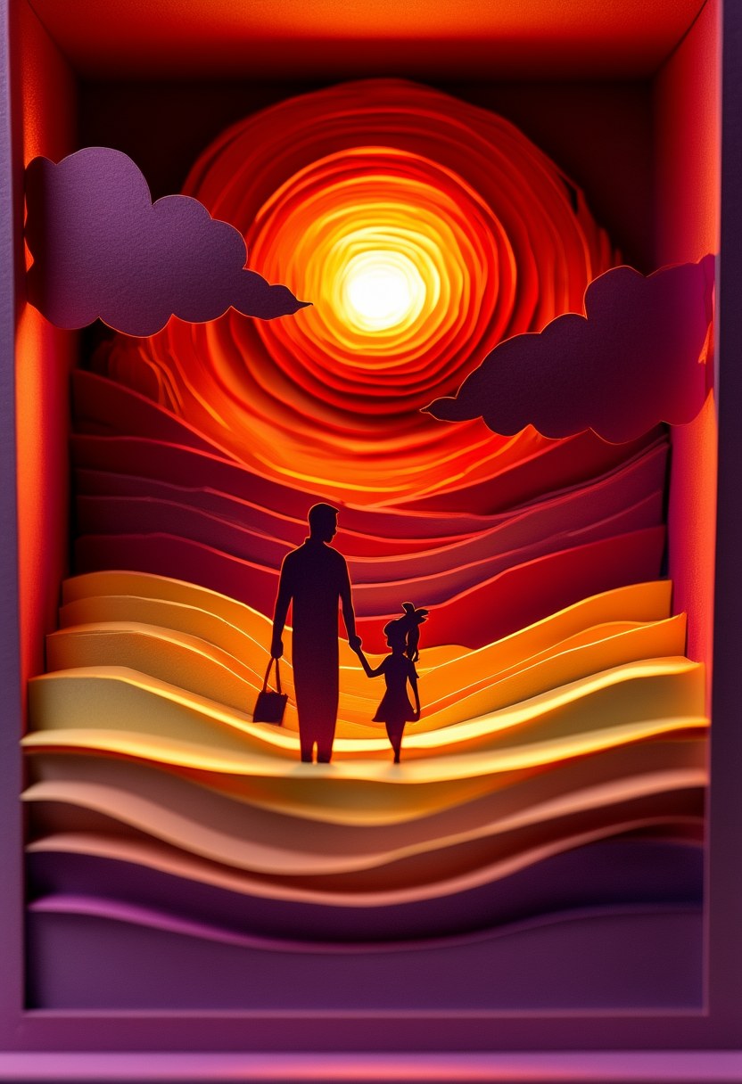 Sunset Family Silhouette — Father's Day cut-paper-style greeting card