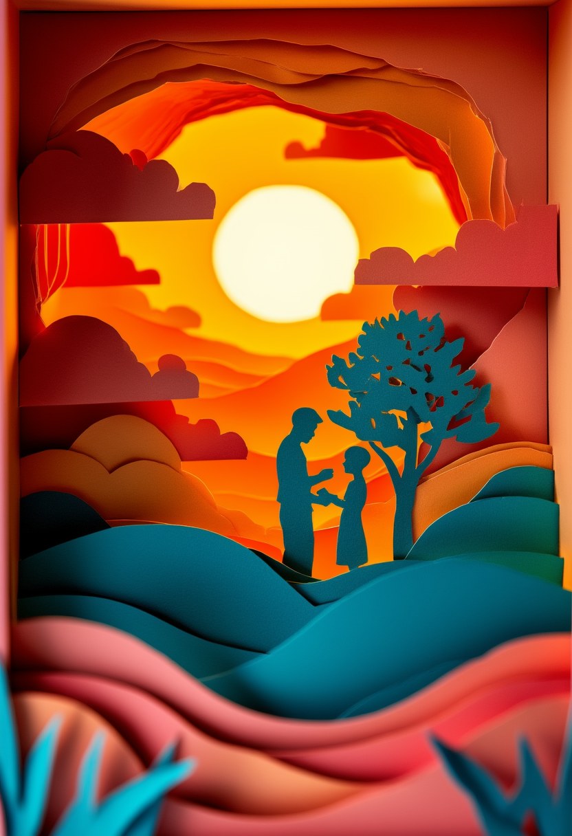 Sunset Family Silhouette — Father's Day cut-paper-style greeting card
