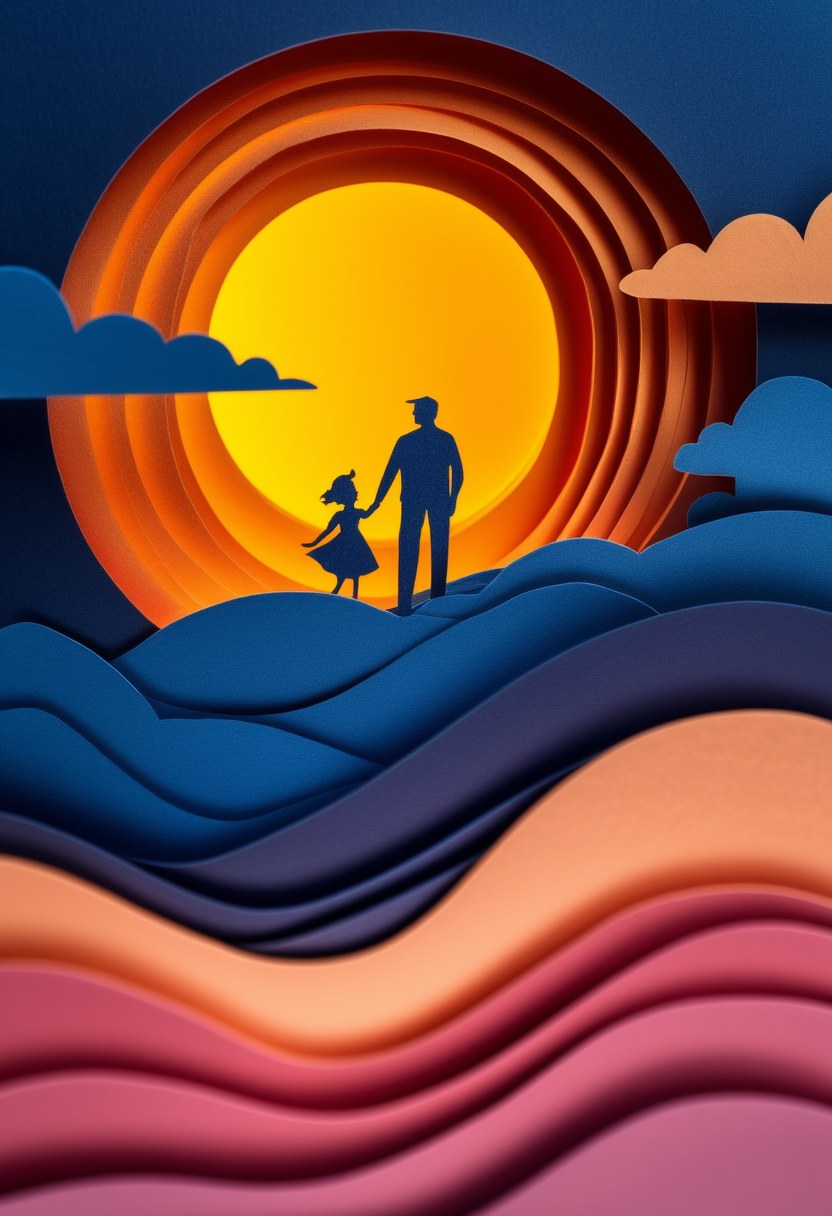 Sunset Family Silhouette — Father's Day cut-paper-style greeting card