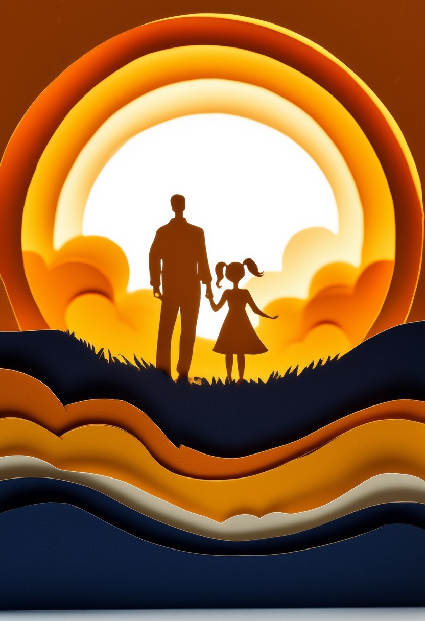 Sunset Family Silhouette — Father's Day cut-paper-style greeting card