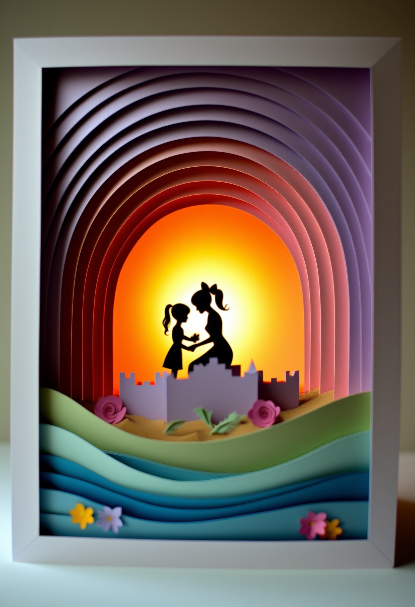 Sunset Mother Embrace — Mother's Day cut-paper-style greeting card