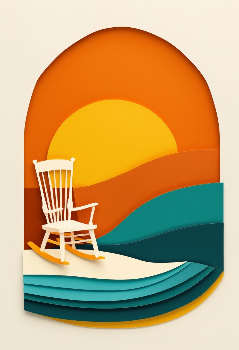 Sunset Porch Rocker — Retirement cut-paper-style greeting card