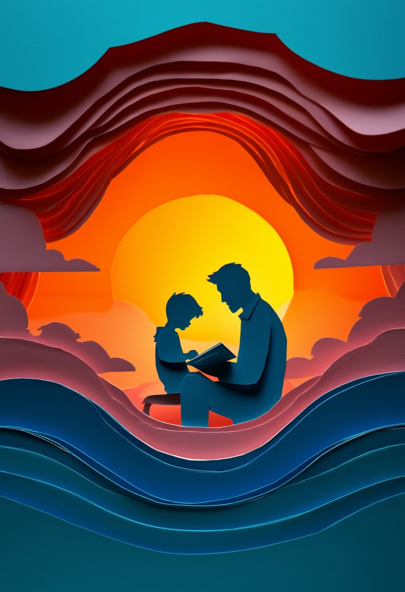 Sunset Reading Moment — Father's Day cut-paper-style greeting card
