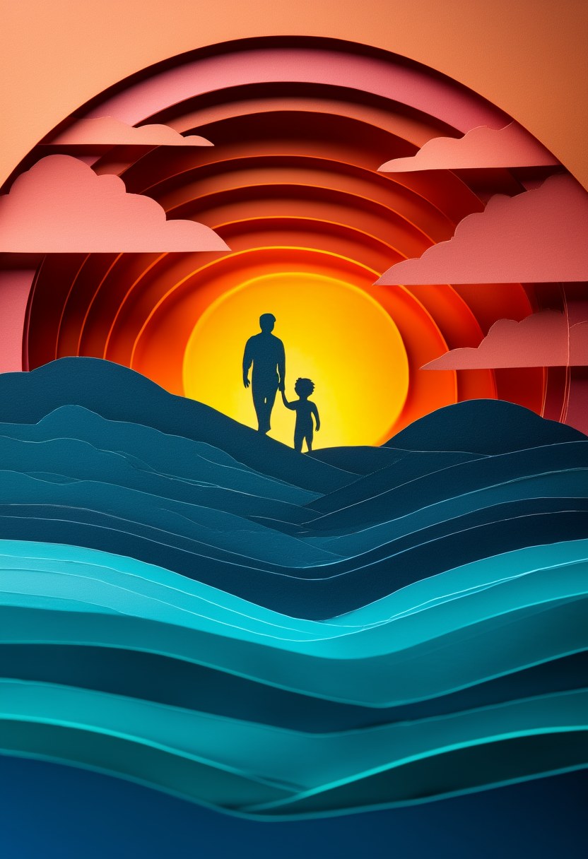 Sunset Silhouette Walk — Father's Day cut-paper-style greeting card