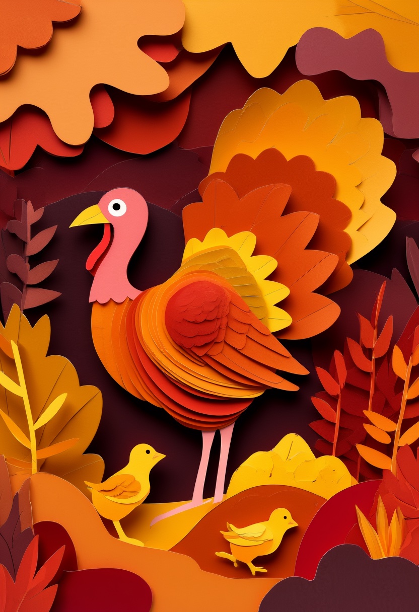 Thanksgiving Turkey Family Autumn — Thanksgiving cut-paper-style greeting card