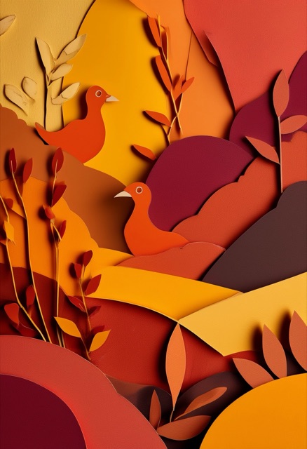Herbstvögel in Collage-Landschaft