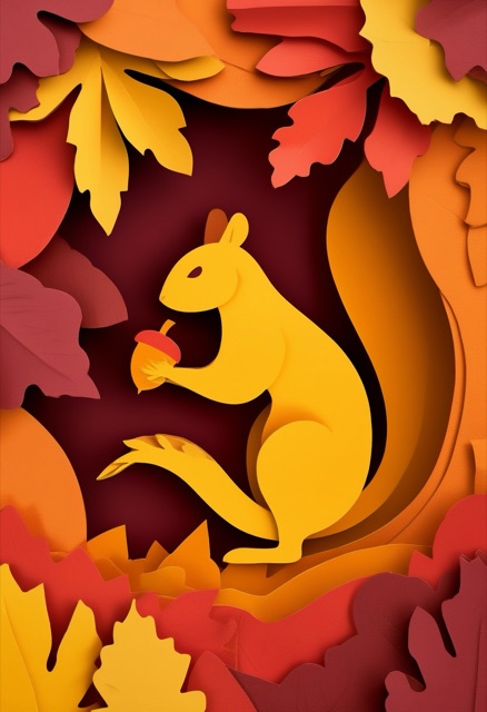 Autumn Leaf Squirrel Acorn Gathering