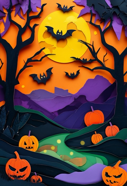 Moonlit Pumpkins & Bats