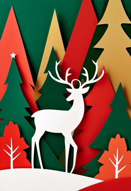 Stylized Reindeer Among Snowy Pines