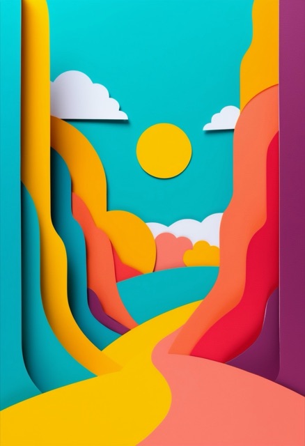 Vibrant Cut-Paper Mountain Landscape