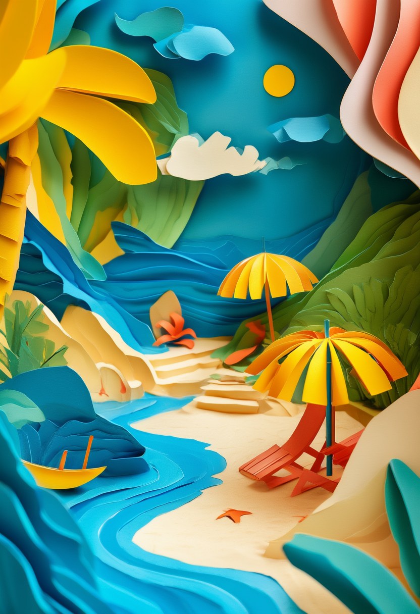 Tropical Beach Paradise — Summer cut-paper-style greeting card